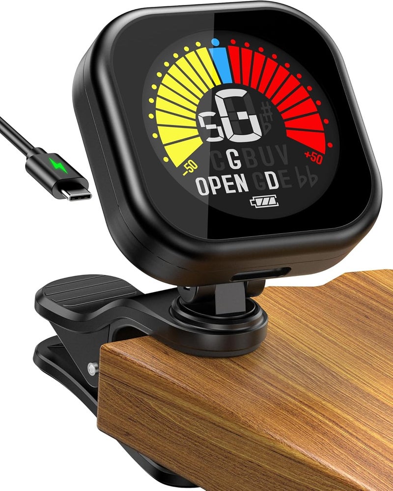 NewBee Guitar Tuner Clip-On Rechargeable with Color Screen 360° Rotatable Acoustic Chromatic Open Tuning for Guitar, Bass, Ukulele, Violin, Cello(Black, 1 Pack) - Image 1